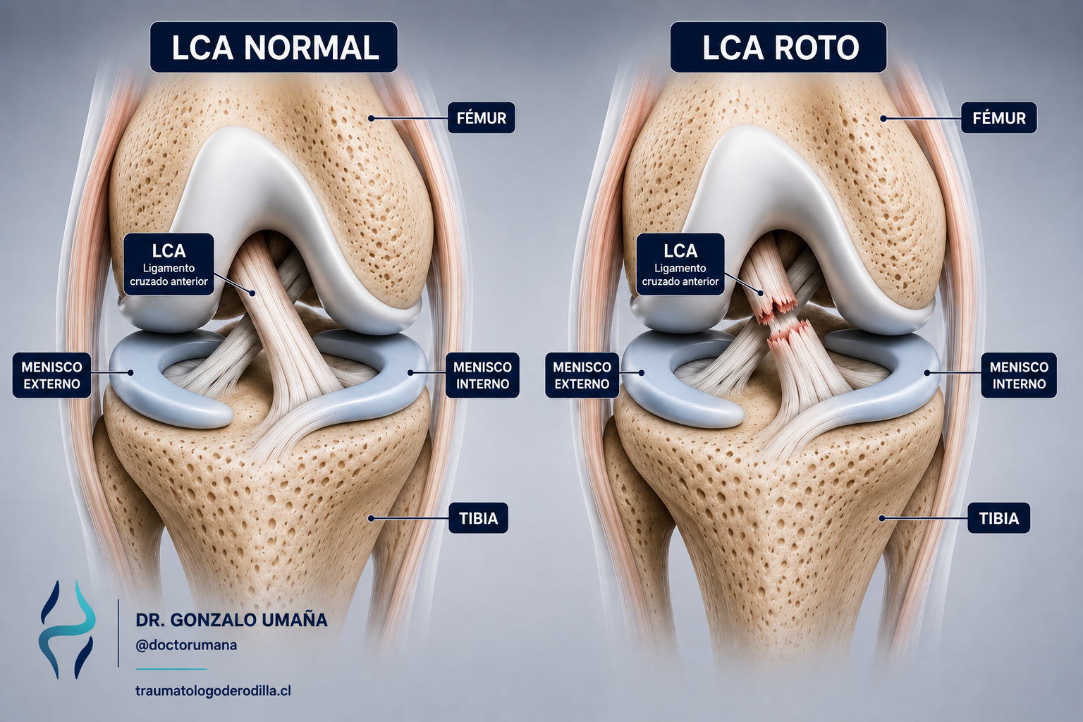 Comparación anatómica entre un ligamento cruzado anterior normal y un LCA roto.