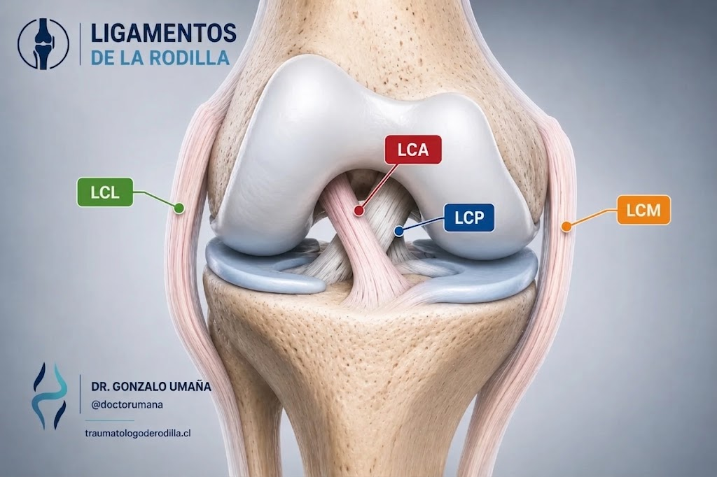 Anatomía de los ligamentos de la rodilla con LCL lateral, LCM medial, LCA y LCP