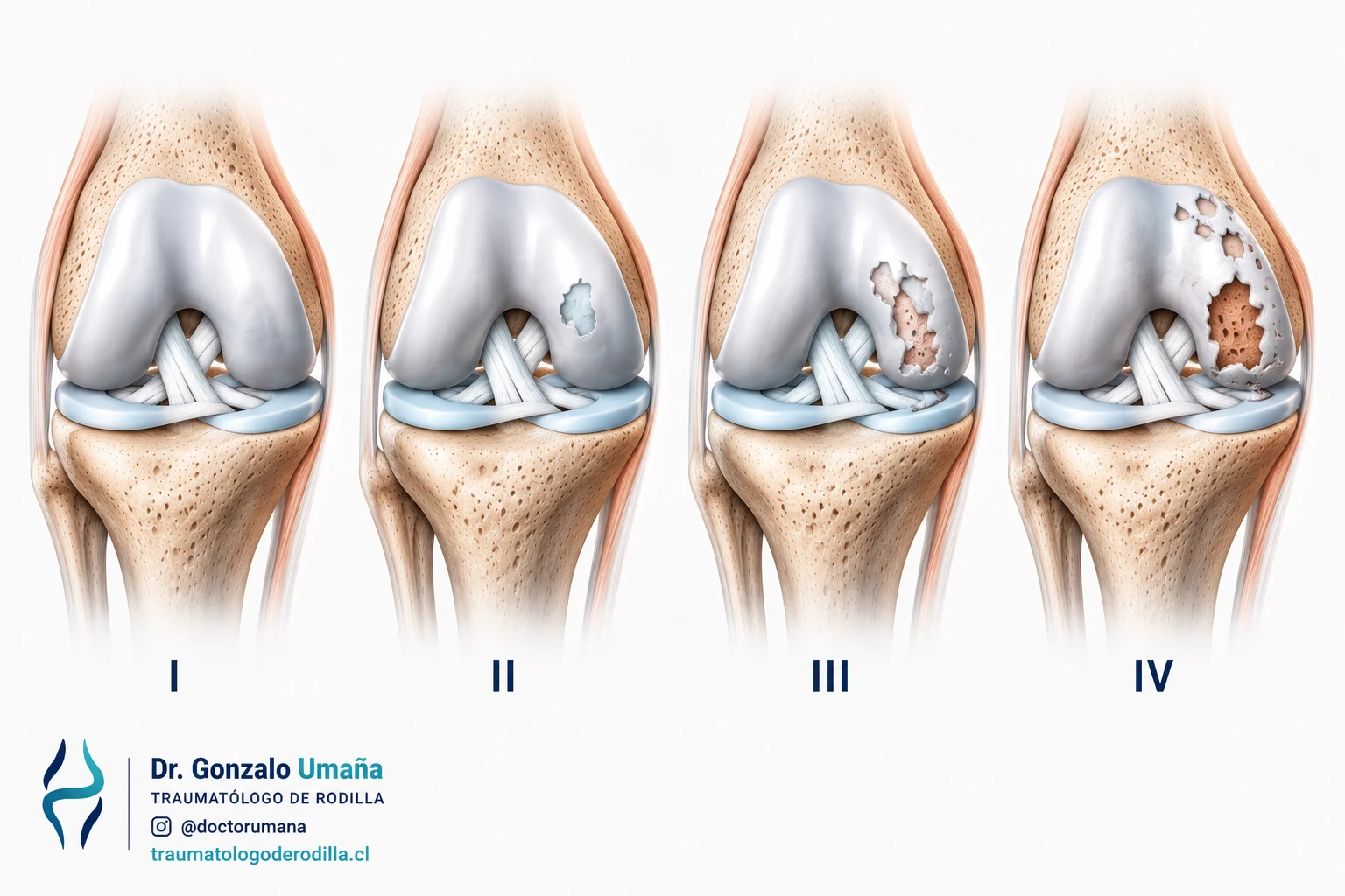 Condropatía de rodilla grados 1, 2, 3 y 4 mostrando la progresión del daño del cartílago