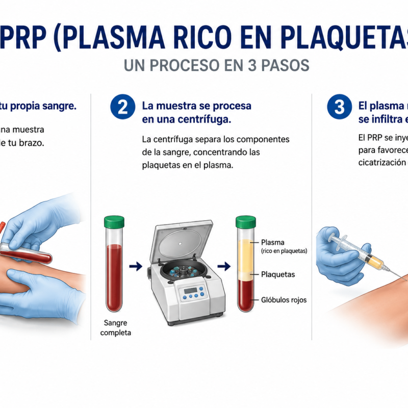 Proceso del plasma rico en plaquetas (PRP) en 3 pasos: extracción de sangre, centrifugación y aplicación