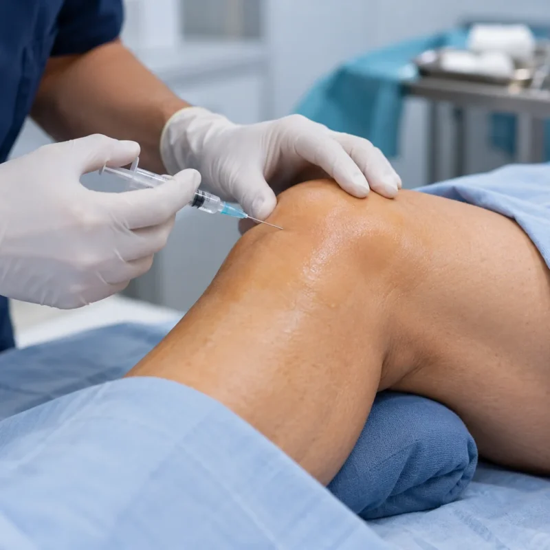 Ilustración generada con IA de preparación de una infiltración de rodilla, sin identificación de paciente.