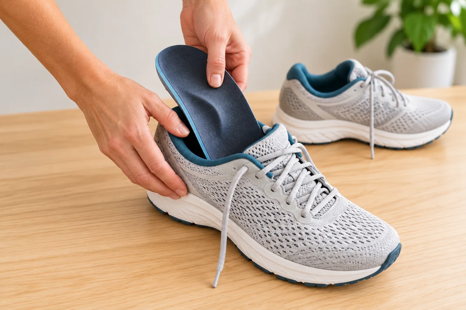 Manos que ajustan una plantilla dentro de una zapatilla deportiva.