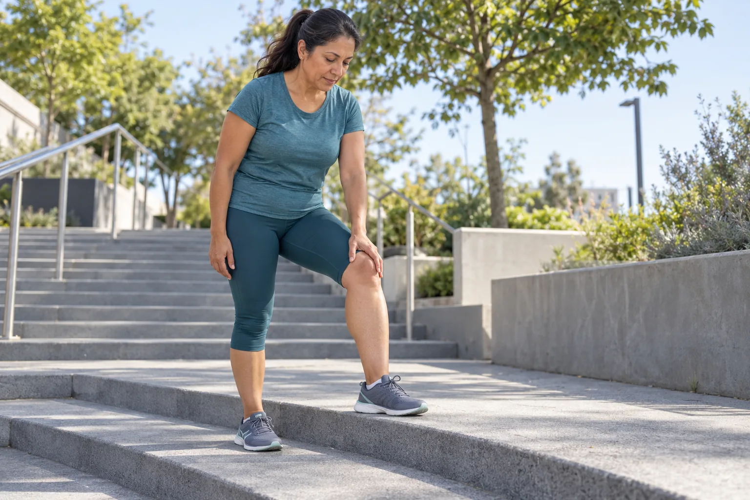 Mujer que se detiene en una escalera y apoya una mano sobre la parte anterior de la rodilla.
