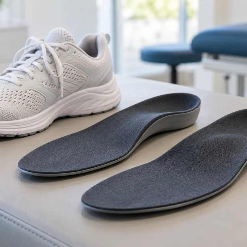 Plantillas para los pies junto a una zapatilla deportiva; escena ilustrativa generada con IA.